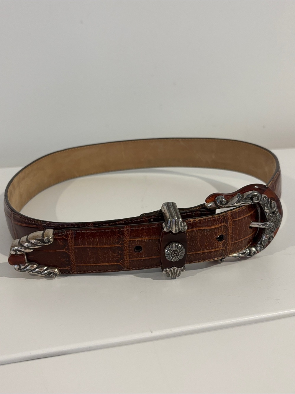 Brighton Western Brown Croc Embossed Leather Belt Ornate Silver & lucite Buckle